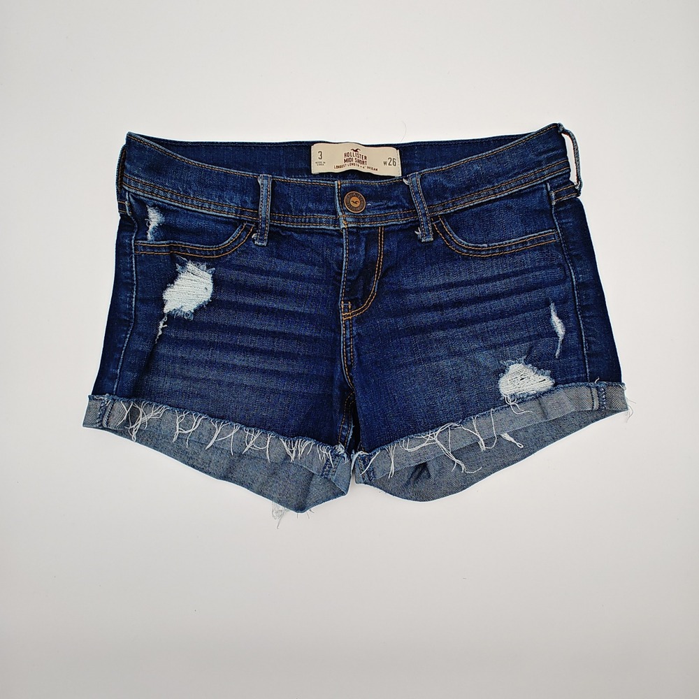 Hollister Midi Shorts Women Size 3 W26 Distressed Denim Cutoff Blue Cuffed